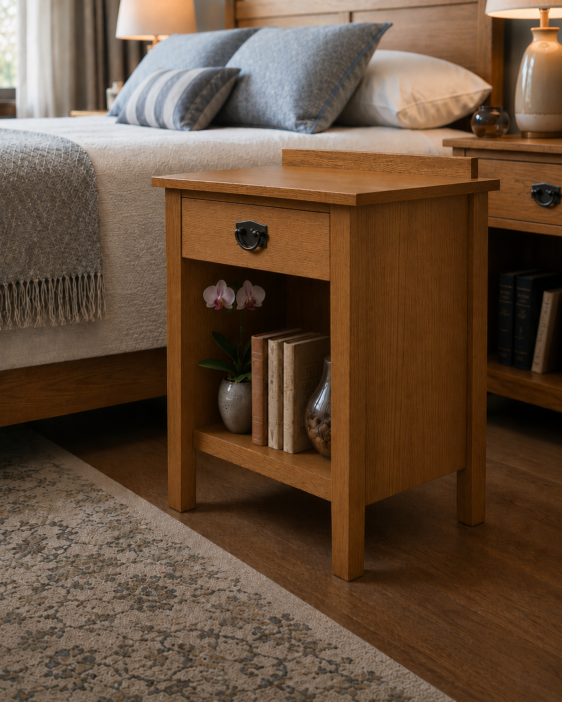 Enclosed Shelf Nightstand in solid oak with dark ring pull hardware, single drawer, and open lower shelf styled with an orchid and books beside a bed with blue linen