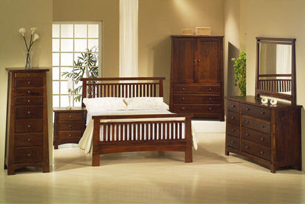 MissionCraft Furniture Atena solid hardwood platform bed with matching bedroom set in a warm wood finish