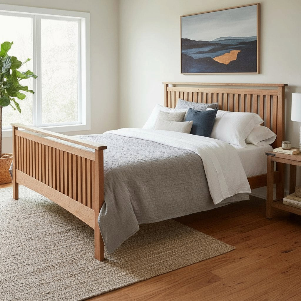 MissionCraft Furniture Atena solid hardwood platform bed with a slatted headboard and footboard in a light wood finish.