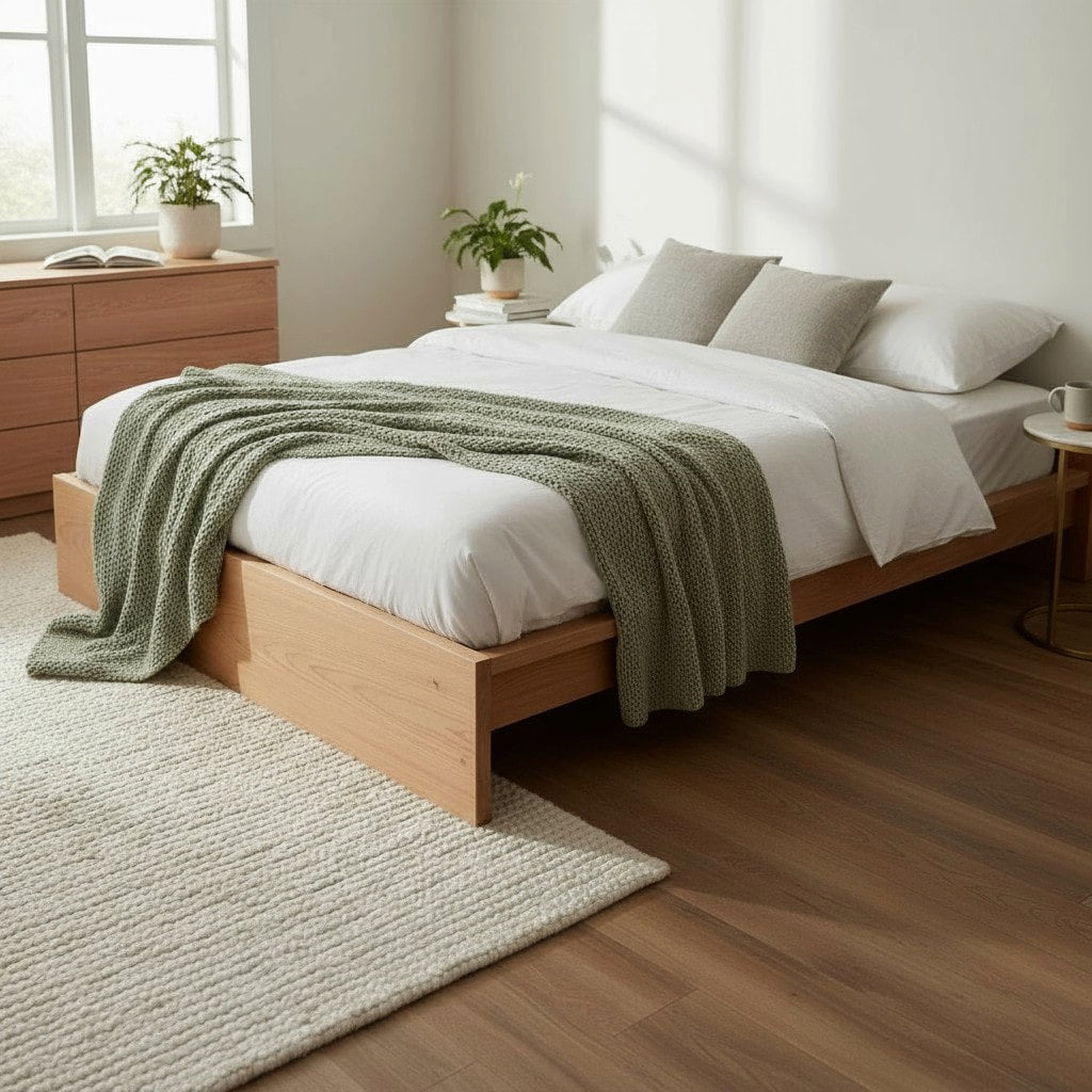 MissionCraft Furniture Pacifica platform bed in light hardwood with a minimalist low-profile design in a bedroom