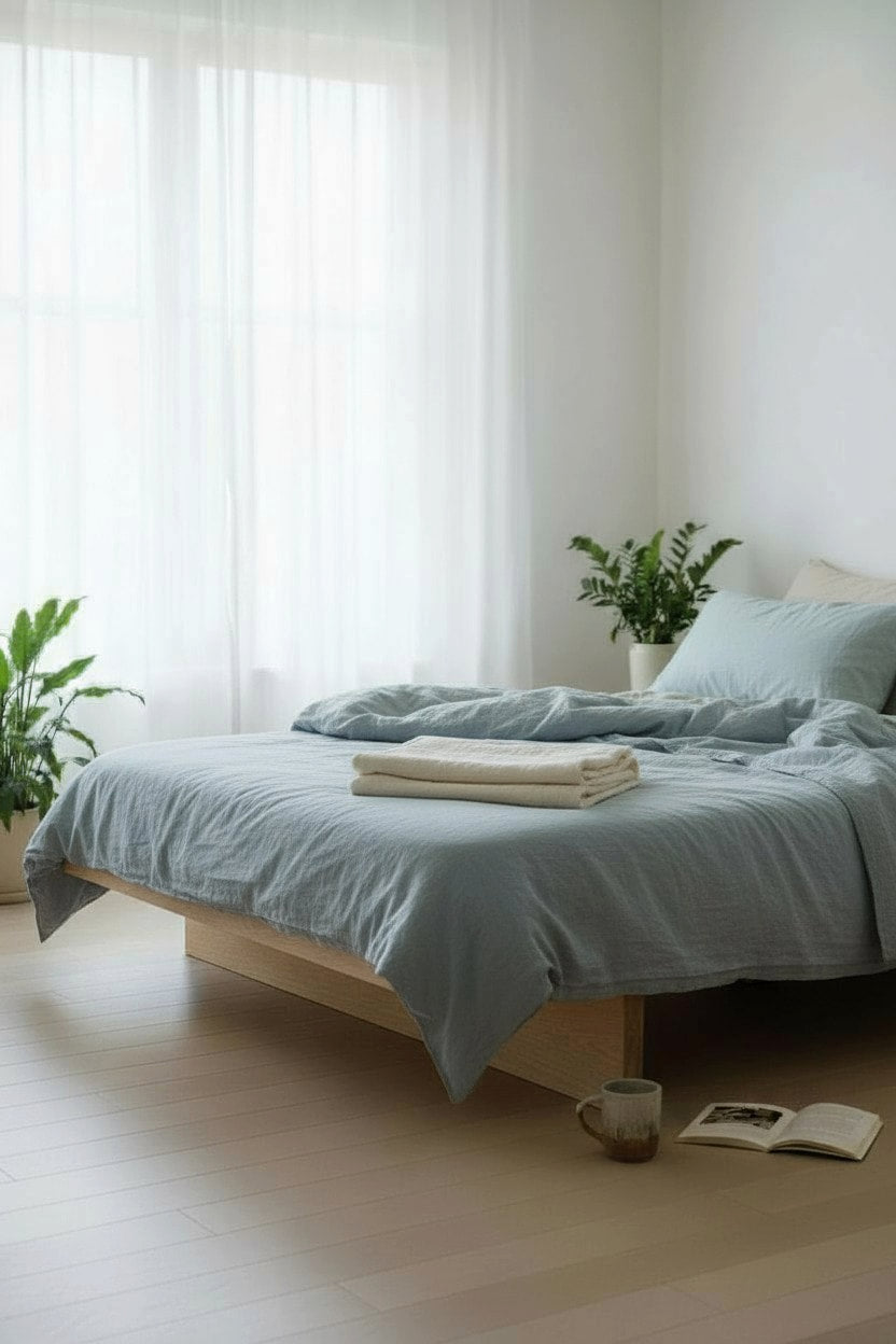 MissionCraft Furniture Kyoto Basic solid hardwood platform bed with a minimalist low-profile design in a bright room.