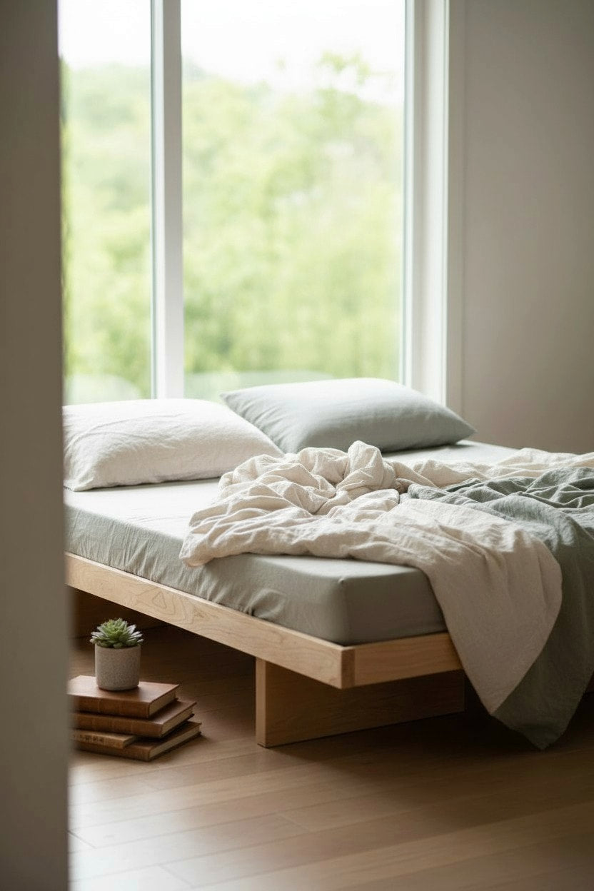 MissionCraft Furniture Kyoto Basic solid oak platform bed with minimalist low-profile design in a bright bedroom.