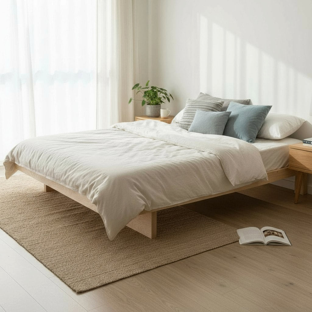 MissionCraft Furniture Kyoto Basic solid hardwood platform bed in a minimalist bedroom with light wood finish