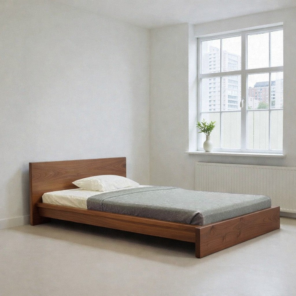 MissionCraft Furniture Modern Pacific solid hardwood platform bed in a minimalist bedroom with natural wood grain