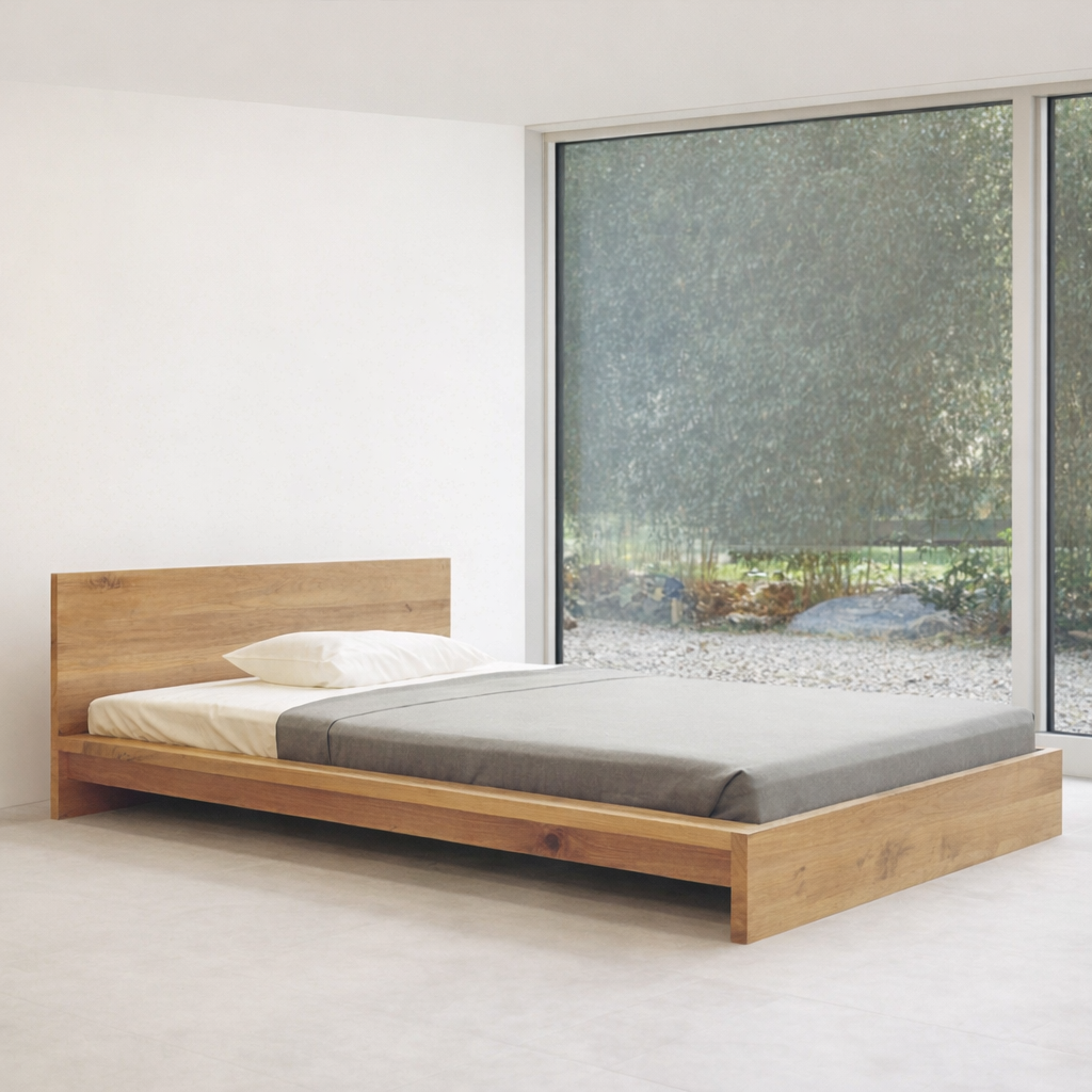 MissionCraft Furniture Modern Pacific solid hardwood platform bed with a natural wood finish in a minimalist bedroom