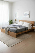 MissionCraft Furniture Modern Pacific solid hardwood platform bed with a natural oak finish in a minimalist bedroom.