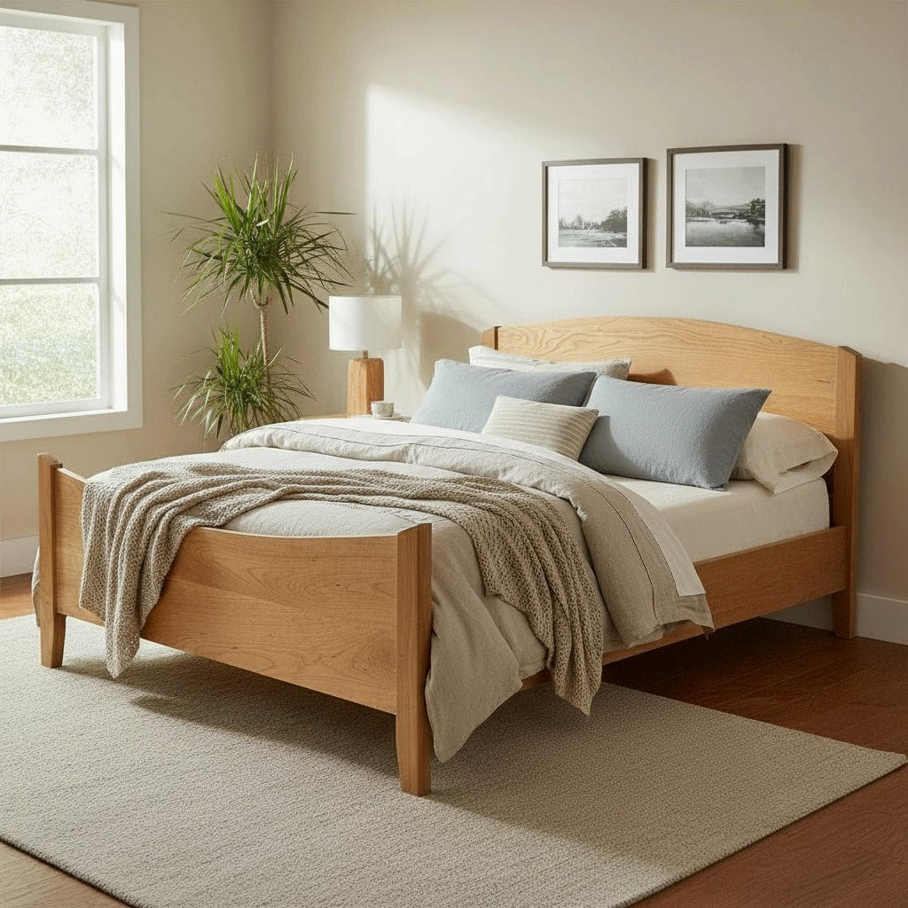 MissionCraft Furniture New England Shaker Bed in solid light hardwood with a curved headboard in a bright bedroom