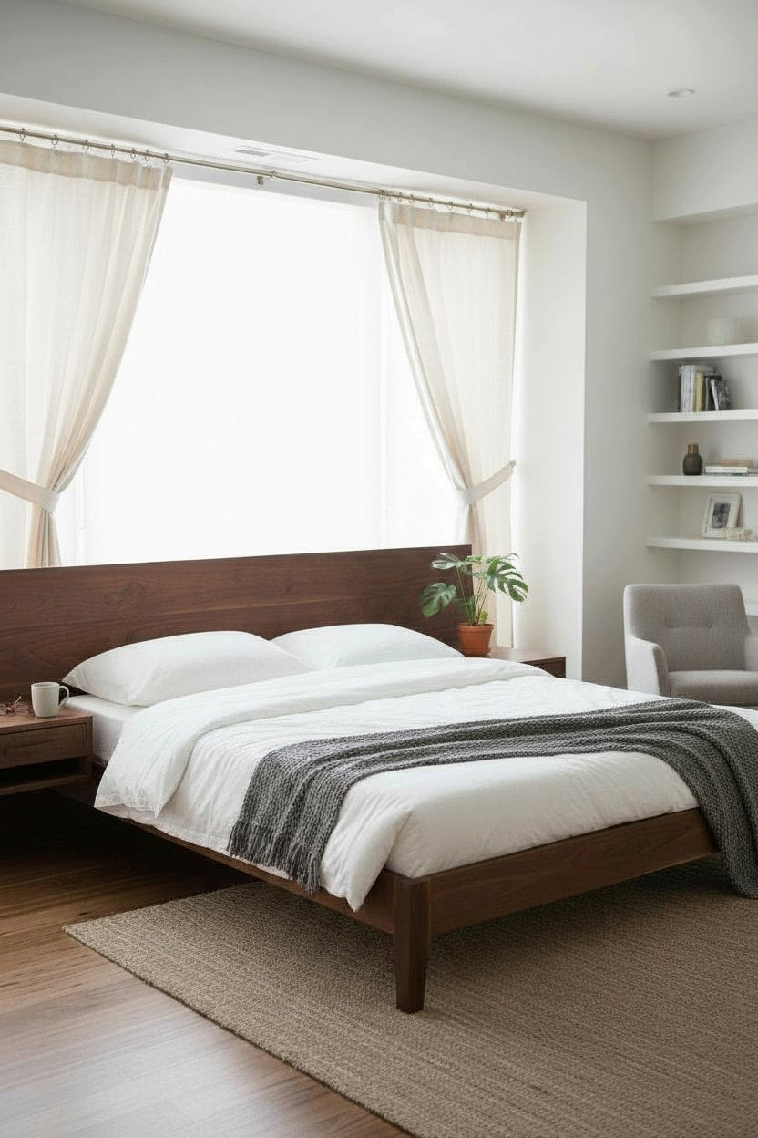 MissionCraft Furniture Northwest Loft Bed in dark walnut with integrated floating nightstands in a bright bedroom