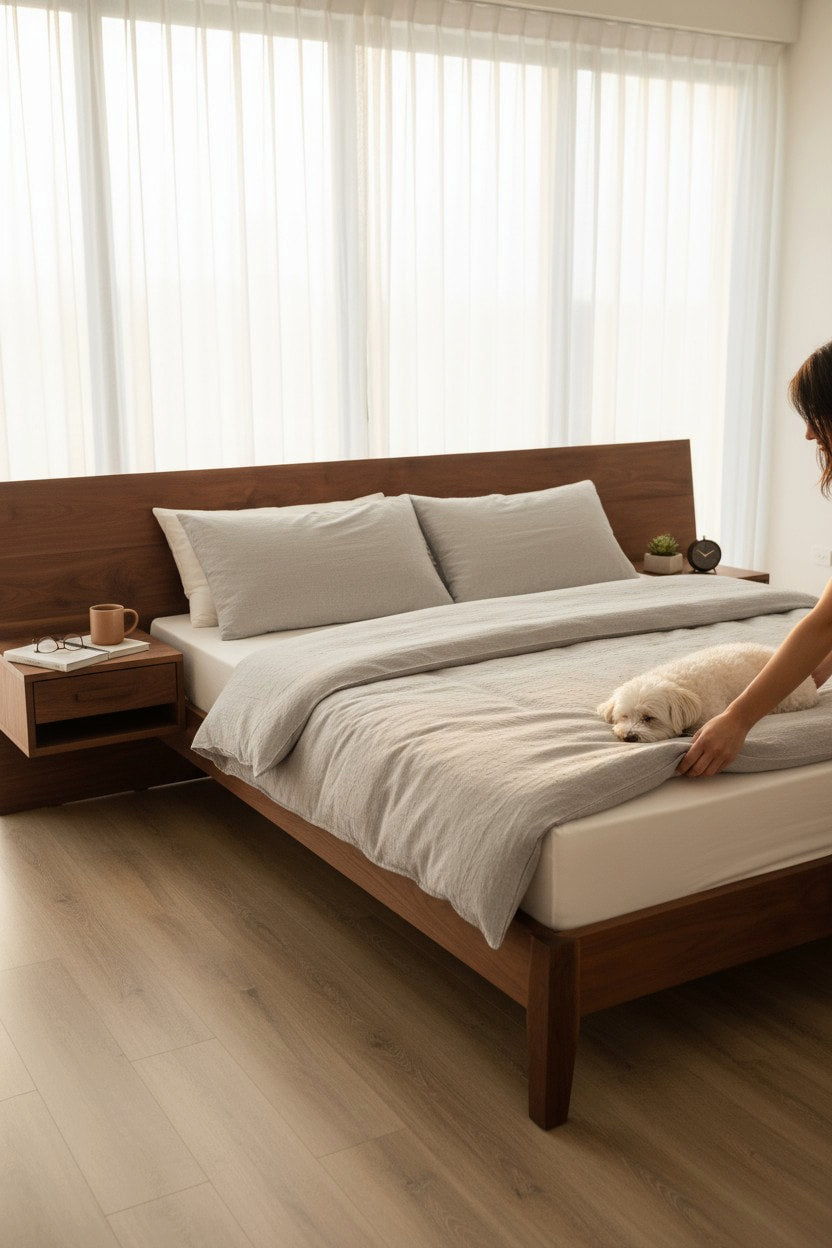 MissionCraft Furniture Northwest Loft Bed in walnut with integrated floating nightstands and grey bedding