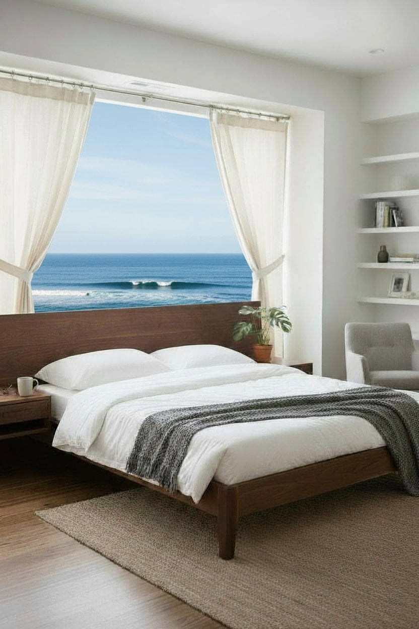 MissionCraft Furniture Northwest Loft Bed in walnut with integrated floating nightstands in a bright bedroom
