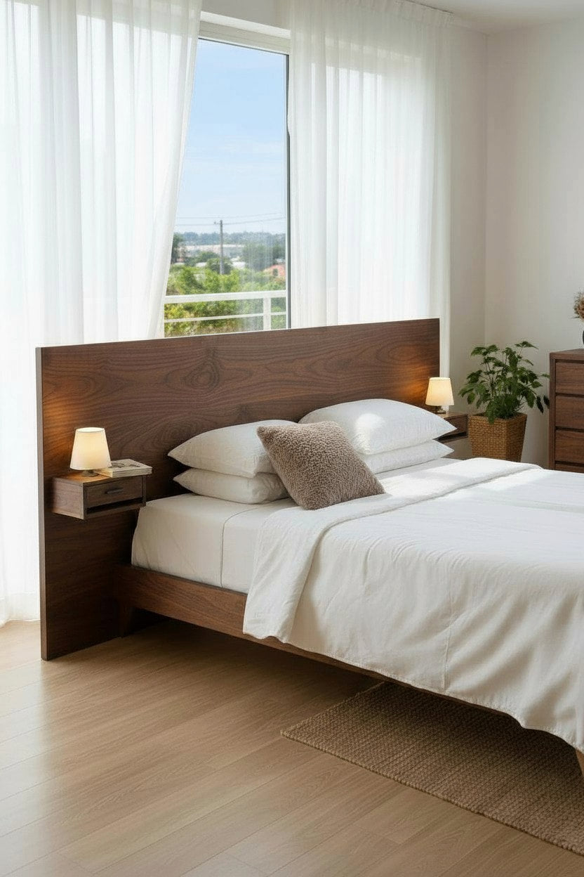 MissionCraft Furniture Northwest Loft Bed in dark walnut wood with integrated floating nightstands and headboard