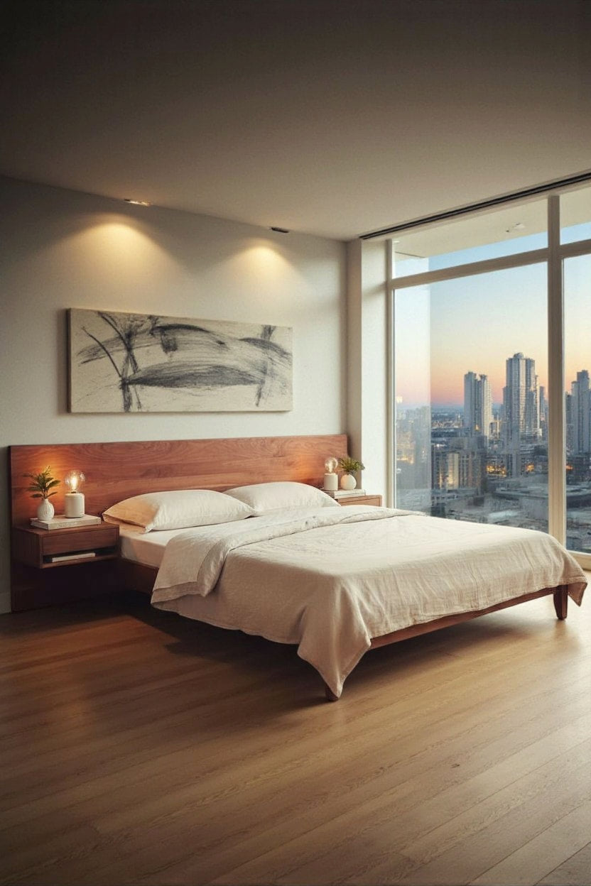 MissionCraft Furniture Northwest Loft Bed with floating nightstands in a modern bedroom overlooking a city skyline.