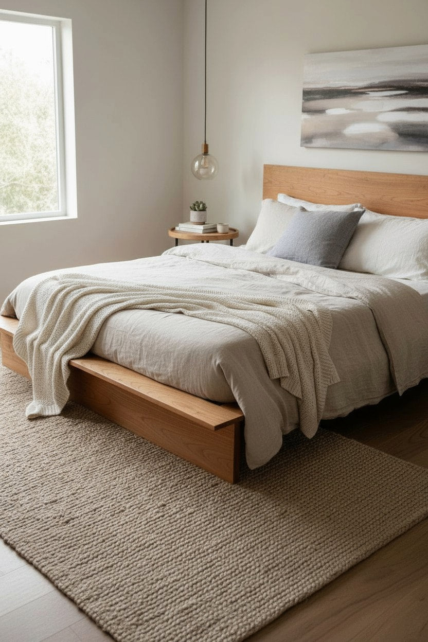MissionCraft Furniture Oregon solid hardwood platform bed with a minimalist headboard in a bright modern bedroom.