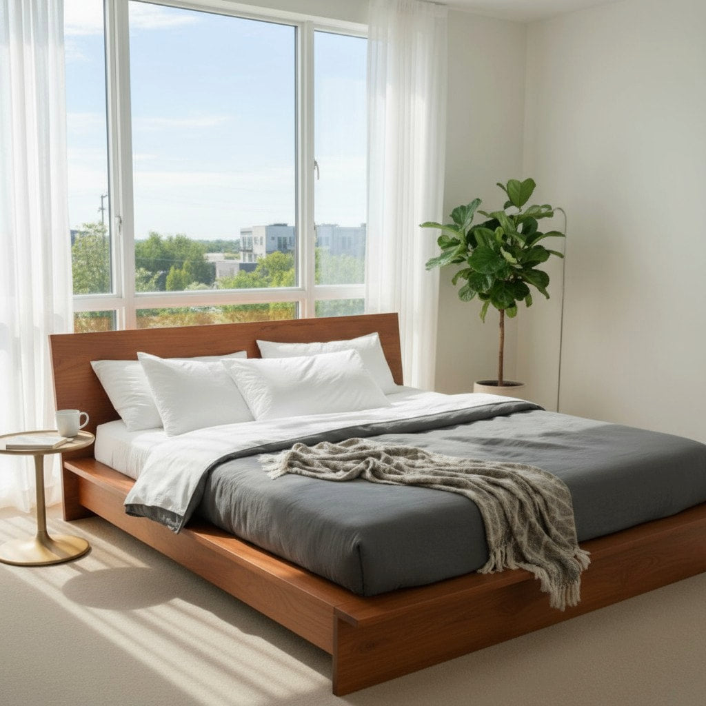 MissionCraft Furniture Oregon Bed, a minimalist solid hardwood platform bed with a low-profile design in a bedroom.