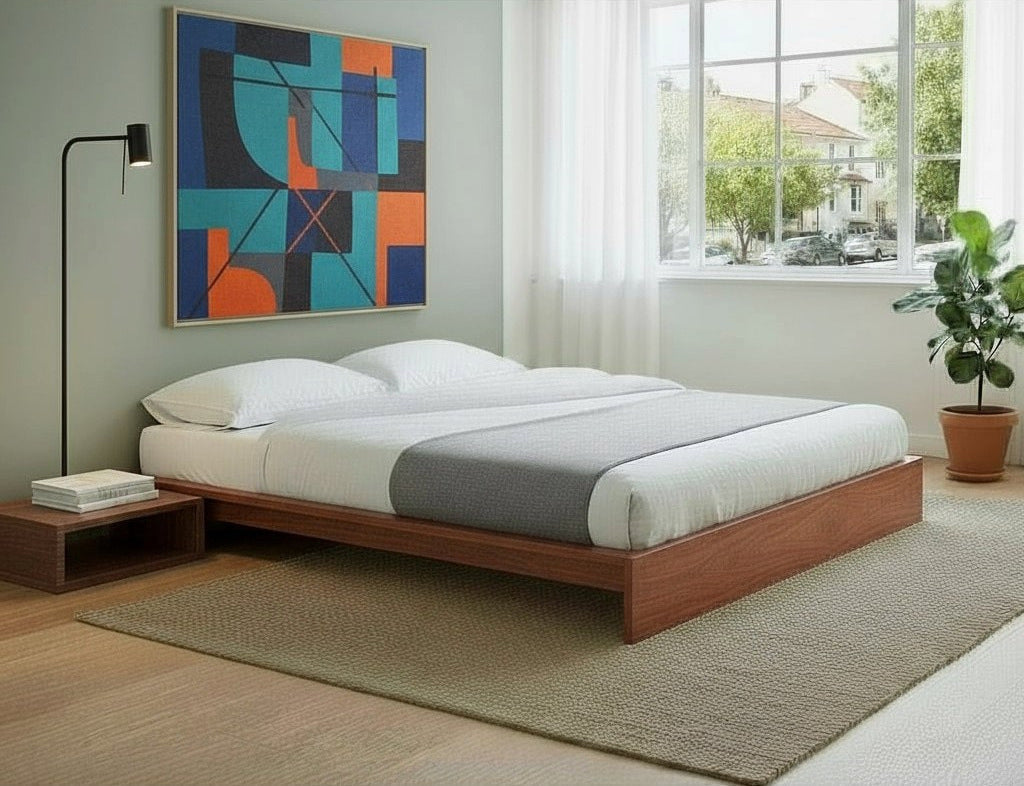 MissionCraft Furniture Pacifica solid hardwood platform bed with low-profile design in a modern minimalist bedroom.
