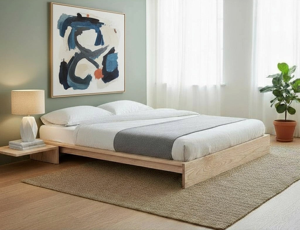 MissionCraft Furniture Pacifica platform bed in light hardwood with a minimalist low-profile design in a modern bedroom