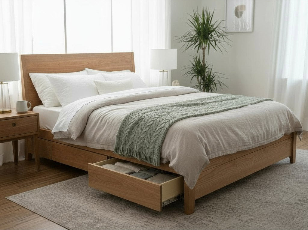 MissionCraft Furniture Portland Studio Bed in light hardwood with angled headboard and open under-bed storage drawer
