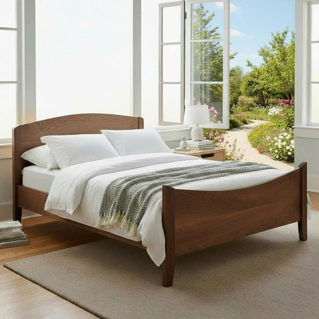MissionCraft Furniture New England Shaker Bed in solid dark hardwood with a minimalist platform design in a bedroom