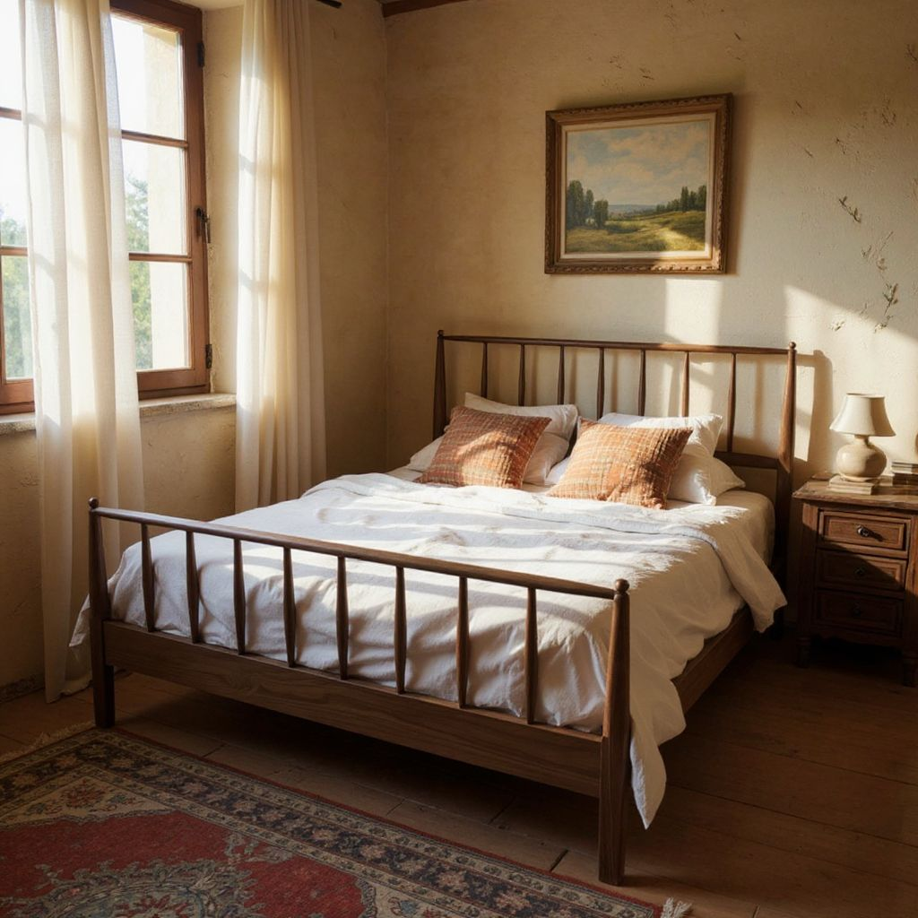 MissionCraft Furniture solid hardwood spindle platform bed with headboard and footboard in a sunlit bedroom.