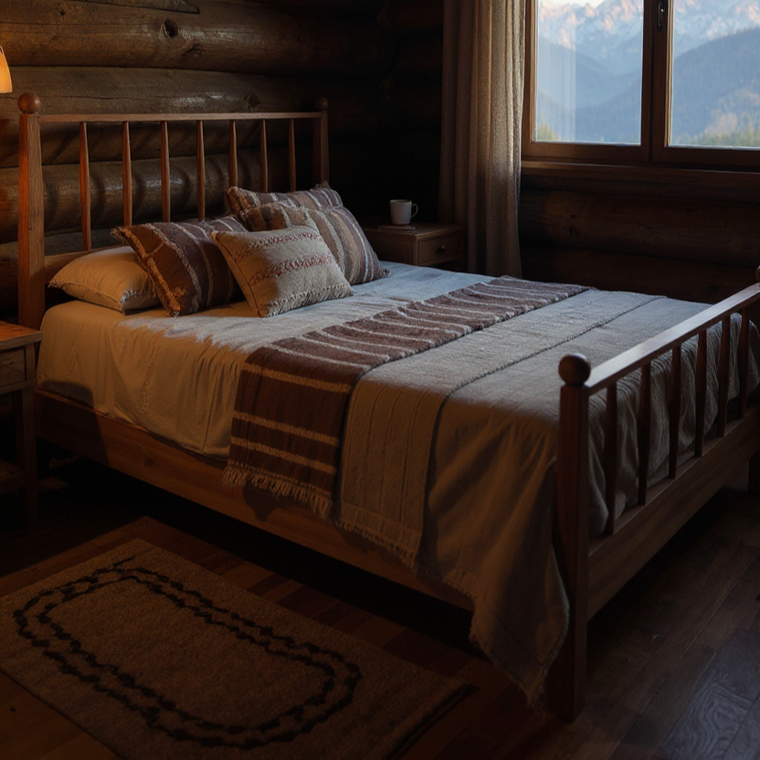 MissionCraft Furniture solid hardwood Spindle Bed with vertical headboard and footboard in a rustic cabin bedroom