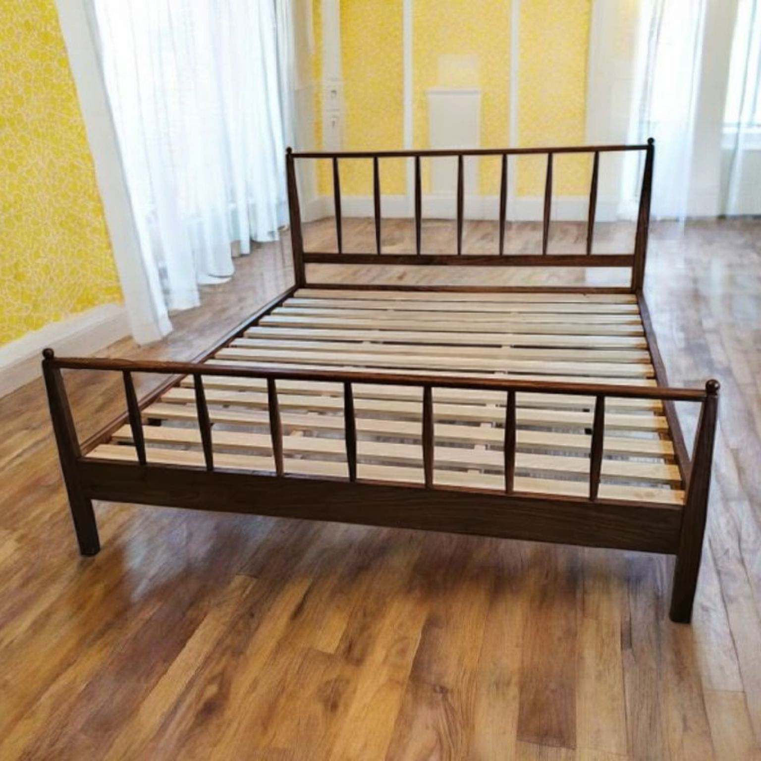 MissionCraft Furniture solid hardwood spindle platform bed with a dark wood finish and slatted mattress support