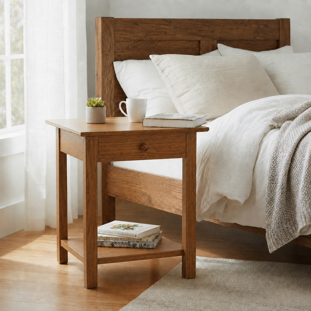 Shaker One Drawer Nightstand with Shelf in dark oak, solid hardwood with round knob pull and lower shelf, styled beside a platform bed in a bright airy bedroom