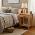 Shaker One Drawer Nightstand with Shelf in white oak, solid hardwood with bar pull and lower shelf, styled beside a platform bed in a neutral bedroom